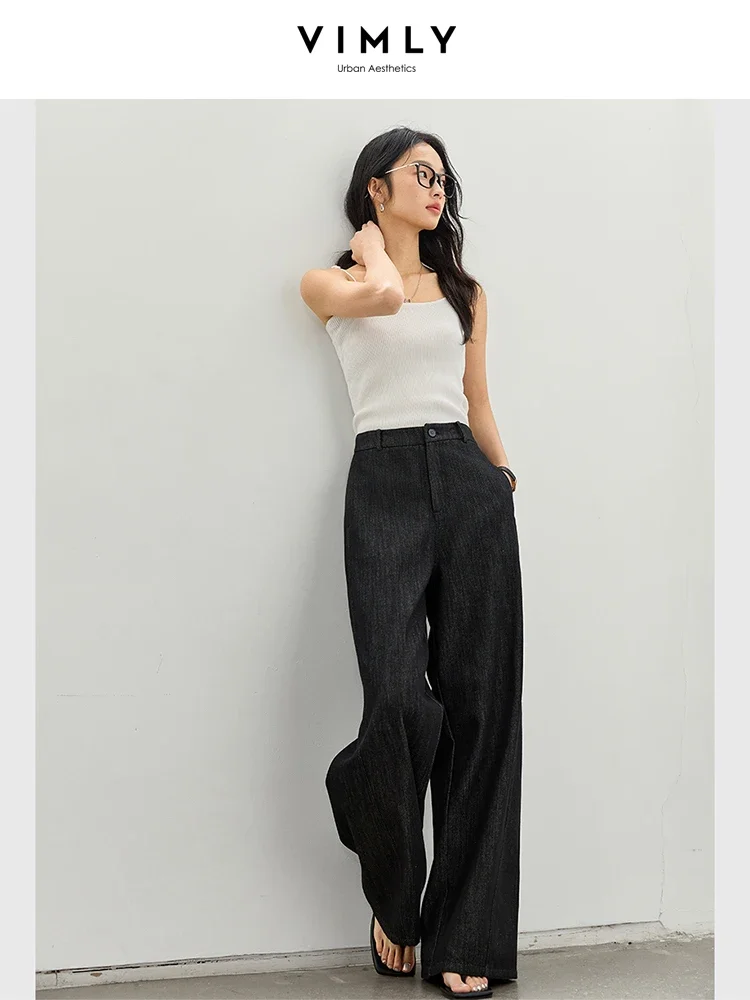 VIMLY جينز نسائي بسيط عالي الخصر وواسع الساق لخريف 2025 سروال فضفاض مستقيم فضفاض مكتب سيدة أسود سراويل جينز A0237 #6