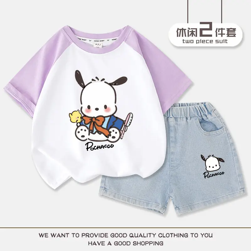 Sanrios Kinder Kurzarm Shorts zweiteiliges Set Pochacco Boy Girl Baumwolle T-Shirt Jeans shorts Sommer lässige Kinder kleidung