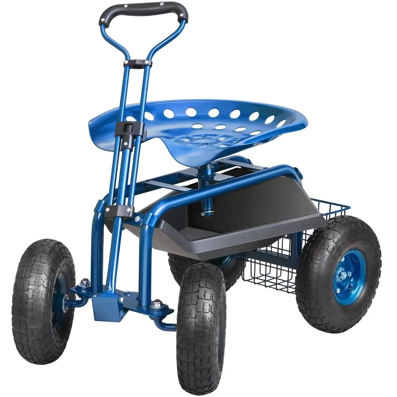 Garden cart work seat with 360-degree rotating seat and wheels for gardening, planting, and transportation
