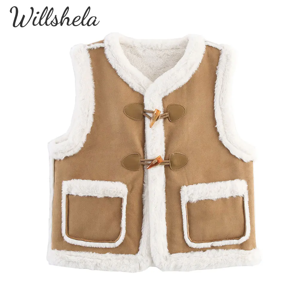 

Willshela женская модная зимняя теплая куртка жилет без рукавов с круглым вырезом женские шикарные женские повседневные флисовые майки Mujer