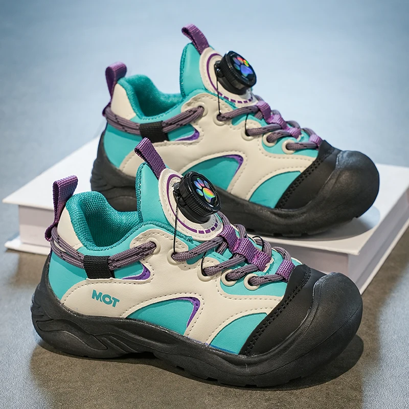 Autumn New Kids Tennis Shoes Toes Capped Rotating Button Boys Girls Casual Shoes Soft Bottom Children Sports Shoes Size 26-37