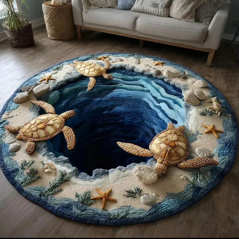 2D Ocean Cave Turtle Area Rug Round Marine Life Decor Non - Slip Carpet Perfect for Living Room/Bedroom Coastal Home Style