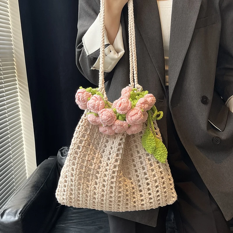 

Women Elegant Knitting Handbag Large Capacity Flower Crochet Shoulder Bag Trendy Hollow Tote Bag Shopping Dating Handbag
