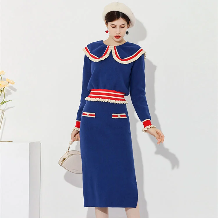 2024 Spring New Sweet 2-częściowy zestaw damski z dzianiny w kontrastowym kolorze Peter Pan Collar Long Sleeve Sweater Top + Slim Wrap Skirt Suit