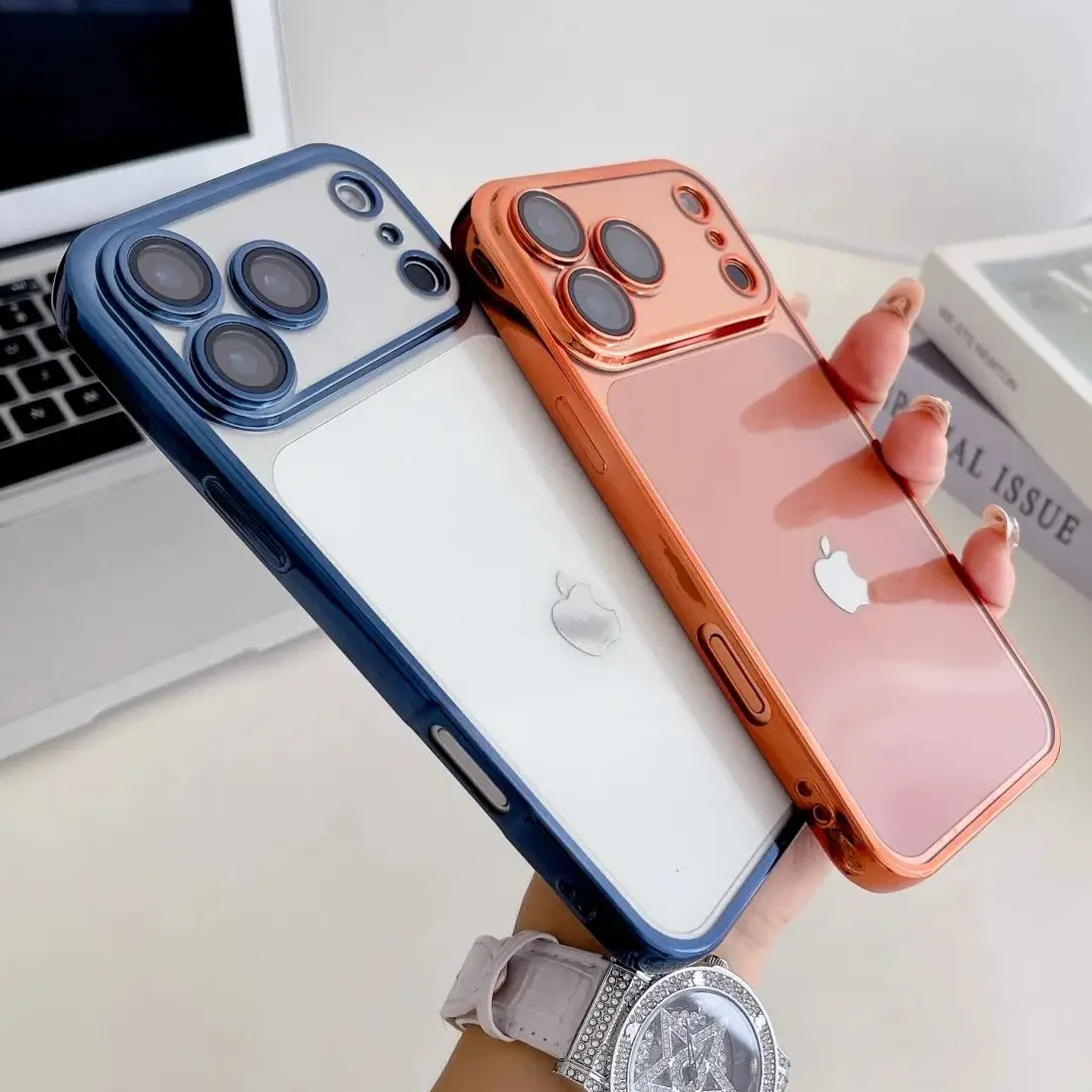Mode Galvanisieren 3D Objektiv Schützen Orange Telefon Fall Für iPhone 17 Air 16 15 14 13 12 11 Pro max Überzug Klar Weiche TPU Abdeckung