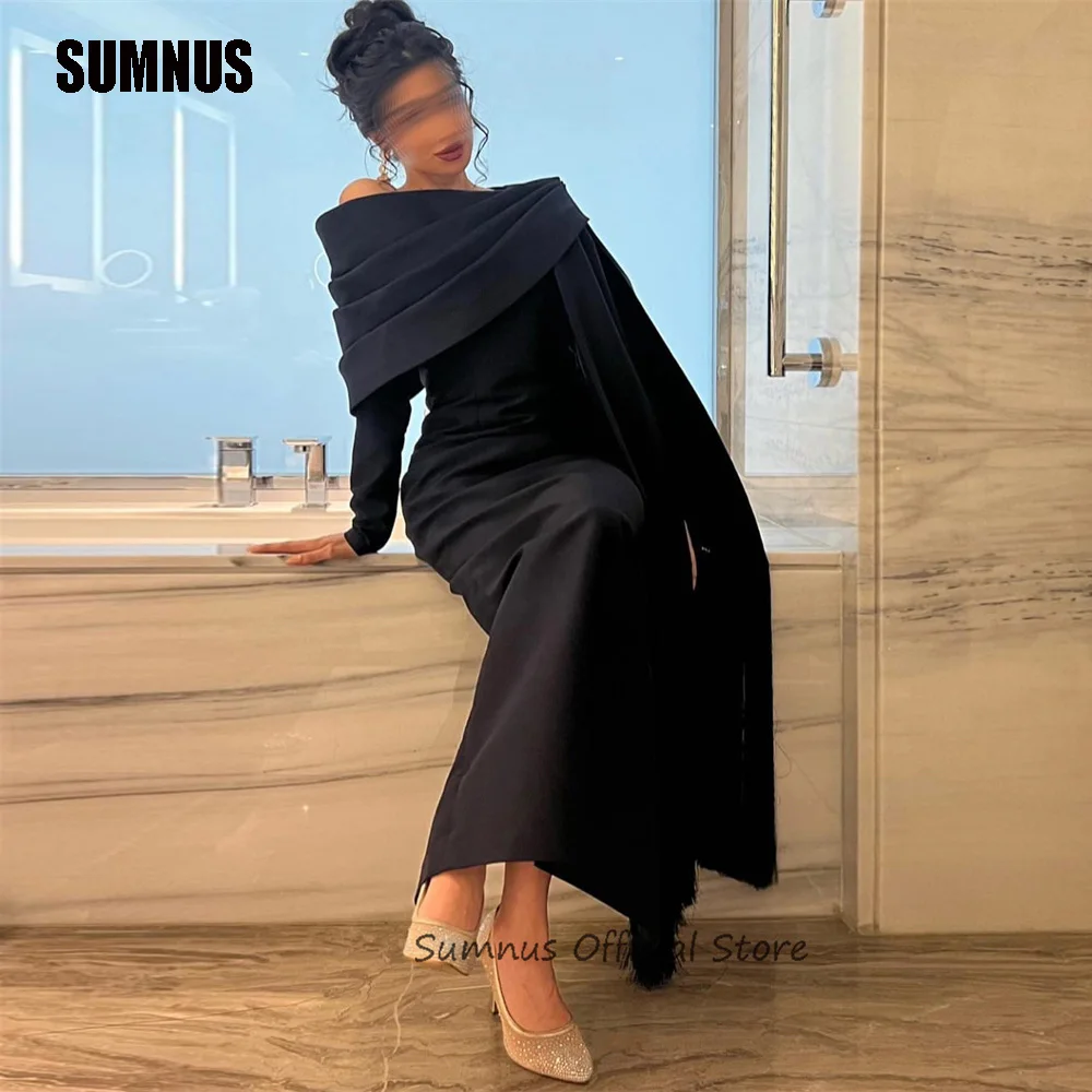 SUMNUS Vintage Black Saudi Arabic Evening Dresses Long Sleeve Simple Dubai Women Prom Gowns Pleats Formal Party Dress Customized