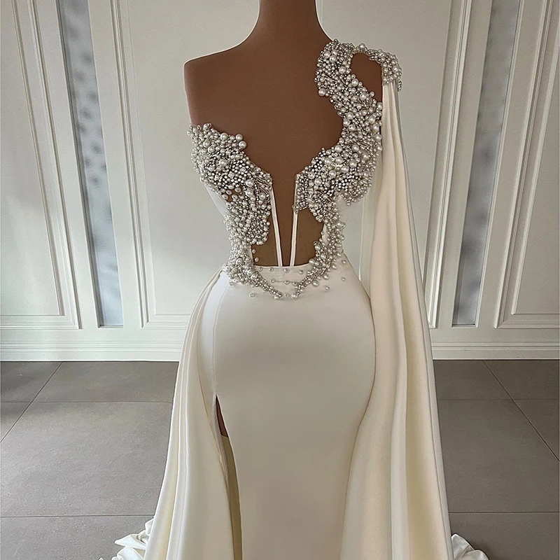 Eightre-Robe de Mariée Sirène en Satin Blanc, Tenue de Bal Personnalisée, Perlée, avec Fente Latérale, Style Boho