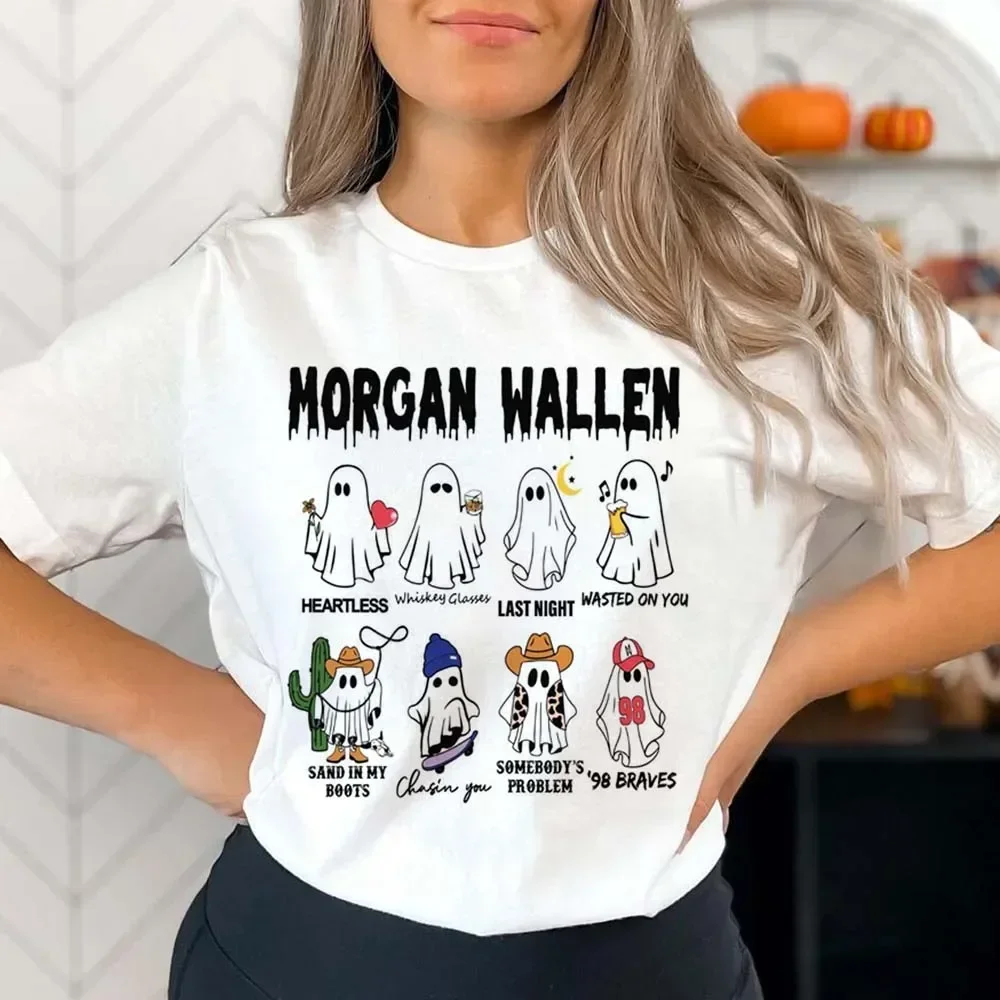 Morgan Wallen Cute Halloween Ghost Track List T-Shirt Halloween Pattern O-Neck Cartoon Street Print Fashion Versatile T-Shirt.