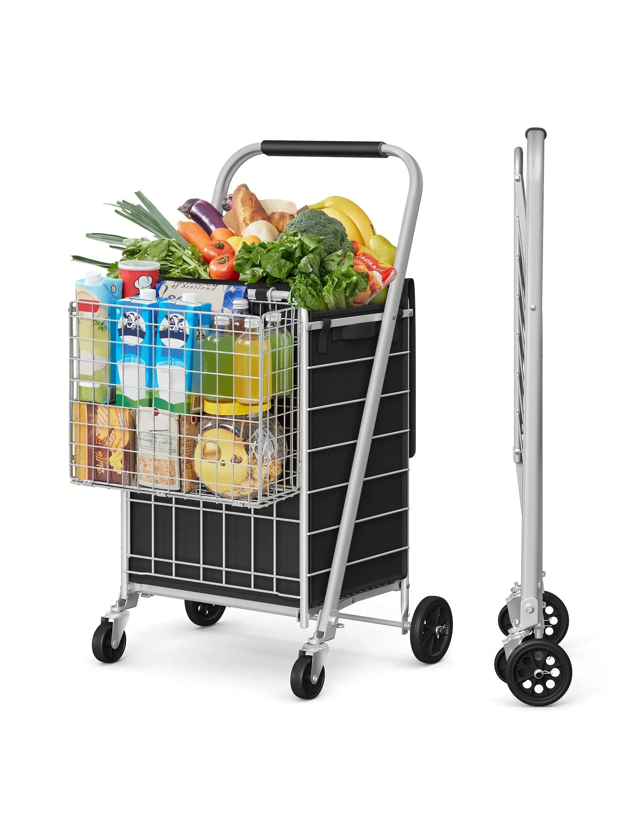 

SONGMICS Foldable Shopping Cart, Heavy Duty Grocery Cart with 360° Swivel Wheels, Oxford Fabric Bag, Removable Basket