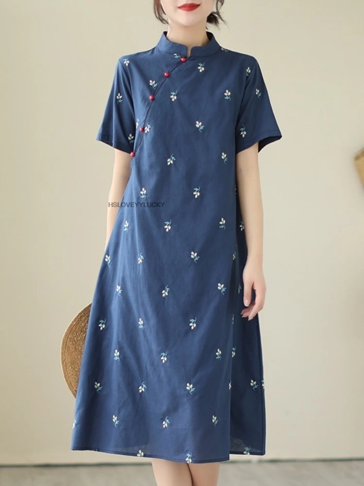 

Navy Blue Cotton Chinese Cheongsam Dress Women Embroidery Vintage Summer A-line Dress Mid Long Female Qipao Women Qipao Dress