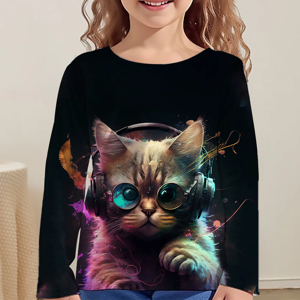 Kinder Kleidung Mädchen T-Shirts Top Langarm Kinder T-Shirt Nette Katze Drucken Casual Kinder Sommer Herbst Kleidung Mädchen Kleidung – Detail 9
