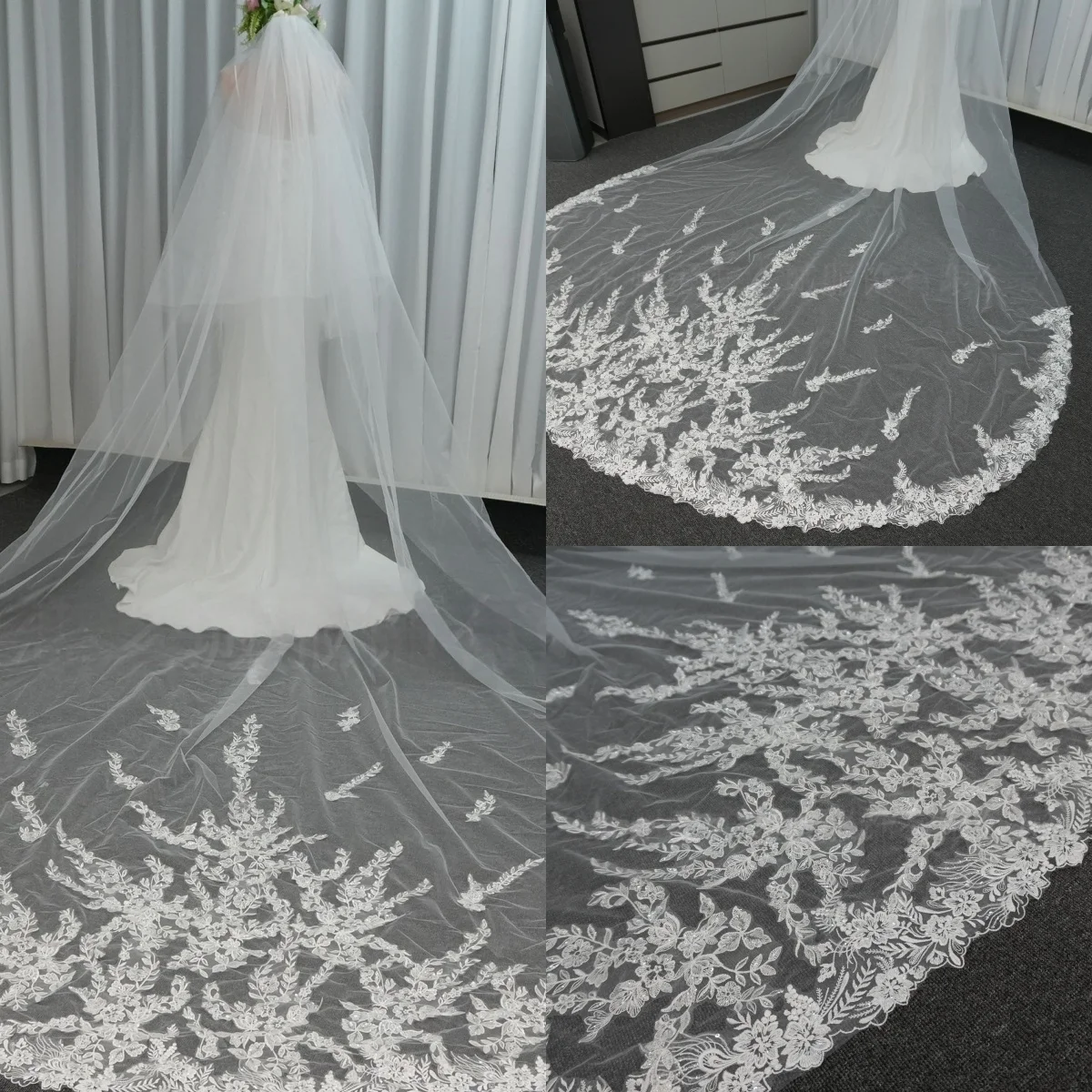 

Elegant Two Layer Sequins Wedding Veils Lace Appliques Edge Bridal Veils Cathedral Length Wedding Accessories