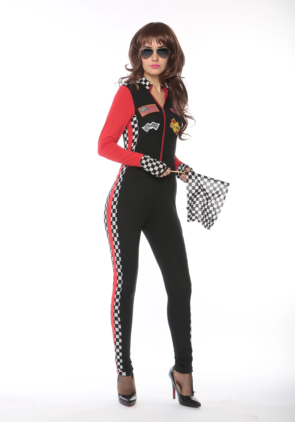 F1722 Women's Racing Costumes Cosplay Racing Costumes Race Car Costumes Red Black Halloween Jumpsuit&Gloves