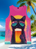 Men's Black Cat Drinking Beer Tank Tops Summer 3D Coconut Tree Print Hawaiian Vests Summer Tops Casual Sports Sleeveless TShirts