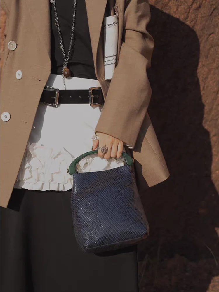Fashion Niche Retro Printed Bucket Bag Genuine Leather Women Bag\Handbag Real Leather Tote Shoulder Crossbody Bag New