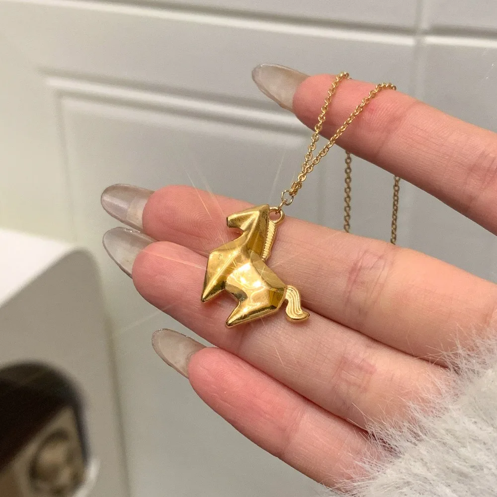 New Chinese Style Gold Color Stereo Little Pony Pendant Necklace for Women 925 Sterling Silver Year of The Horse Jewelry Gifts