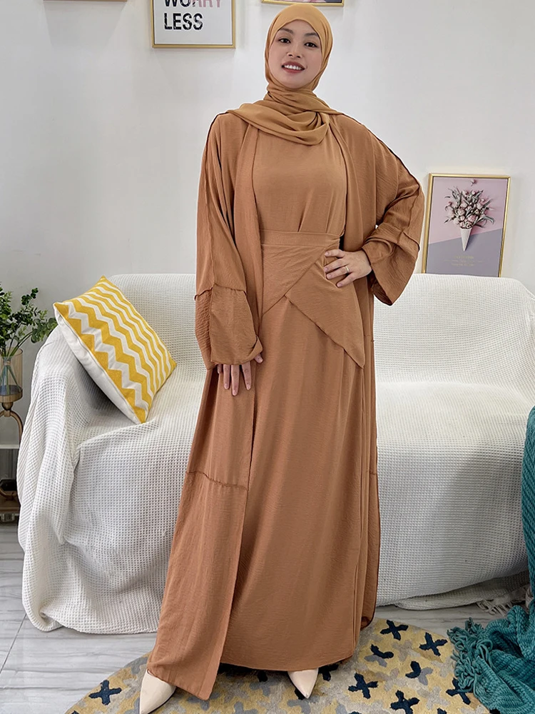 3 Piece Abaya Set Muslim Women Dubai Islamic Clothing Modest Matching Outfits Short Sleeves Dress+Kimono+Wrap Skirt (No Scarf)