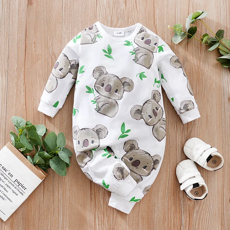 Spring And Autumn Boys And Girls\' Cute Cartoon Kaola Full Print Cotton Comfortable Long Sleeve Baby Bodysuit