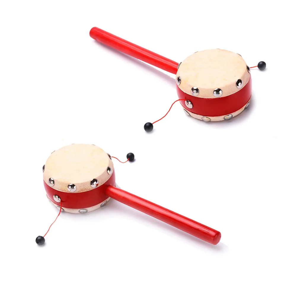 2Pcs Rot Griff Holz Rassel Trommel Chinesische Traditionelle Frühe Bildung Schütteln Musical Instrument für Baby Geschenk