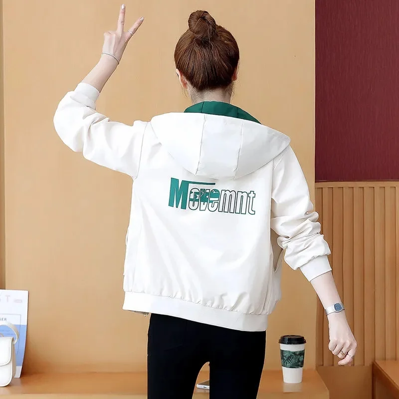 2023 New Spring Autumn Casual short Jackets Female Students Loose Coat Hooded Joker Baseball Uniform Printing Letter Outwear