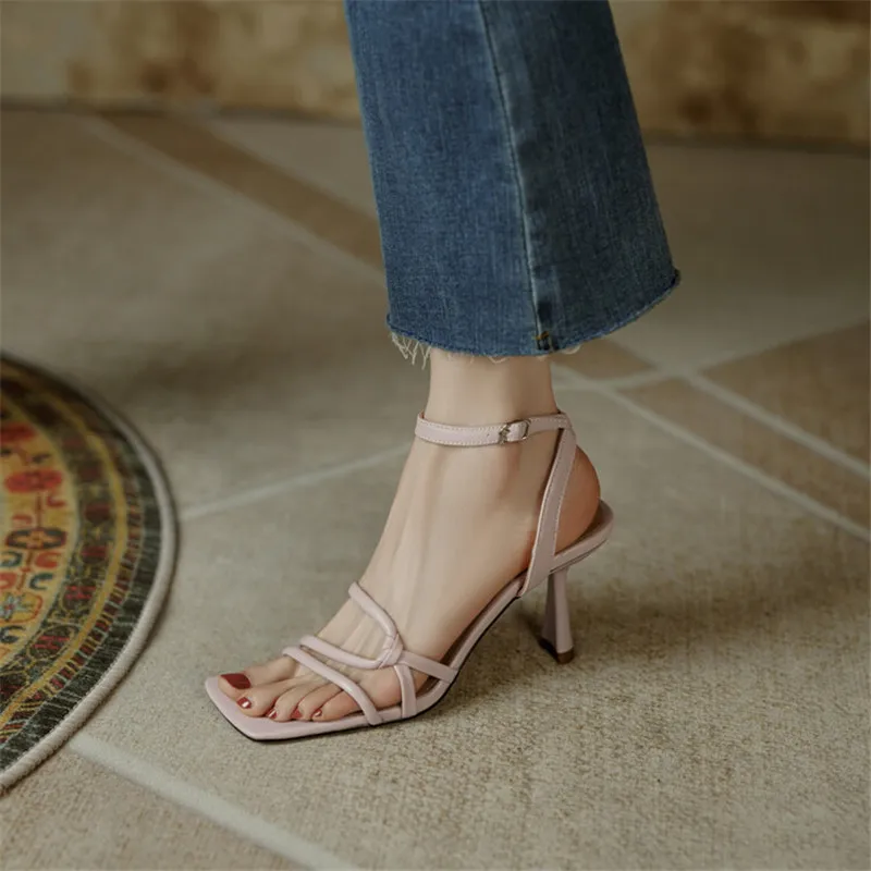 New Summer Sandals Cow Leather Sandals Casual French Square Toe High Heels Sandals for Women Zapatos De Mujer Handmade Stiletto