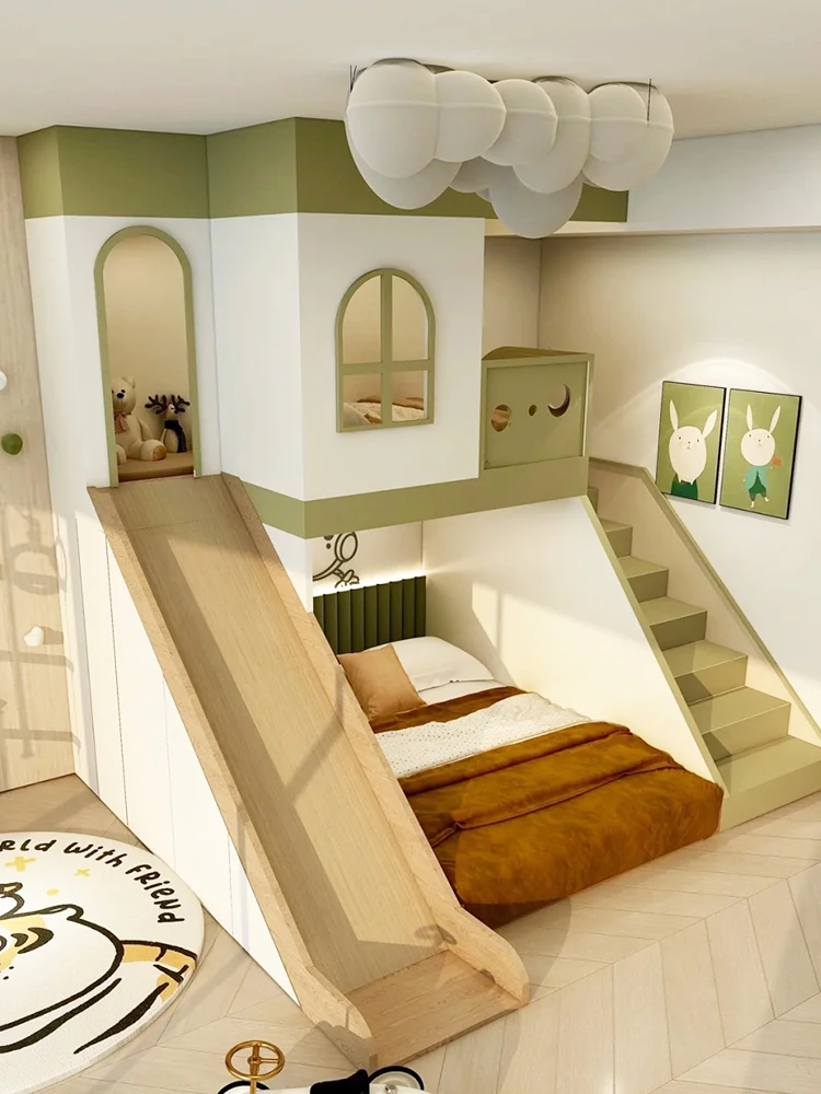 Small Apartment Children's Room Custom Duplex 2nd Floor Loft with Slide Climbing Wall Staggered Bunk Beds