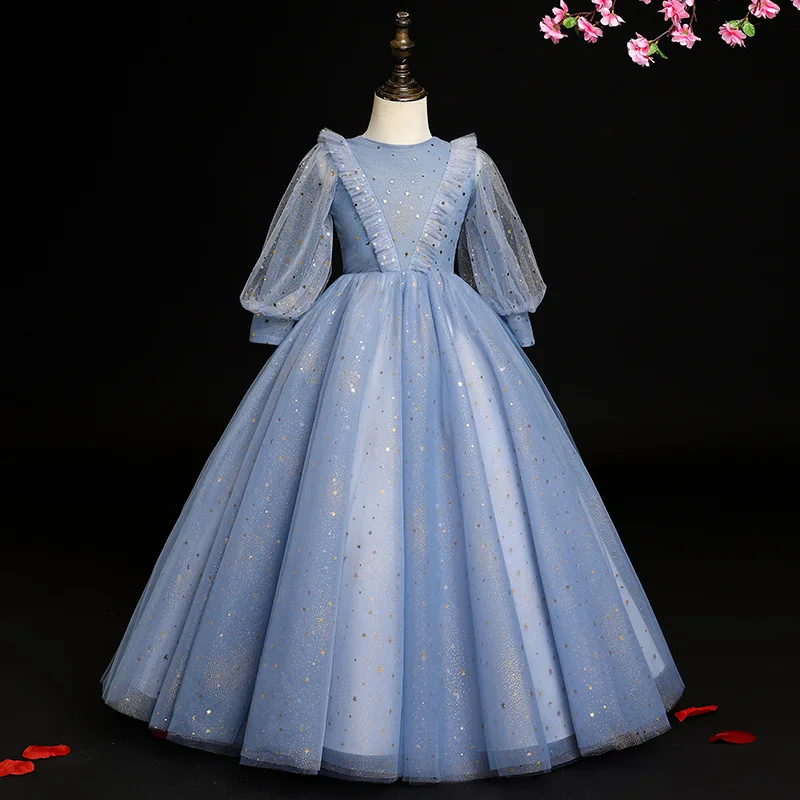 Teen Girls Winter Evening Dress Birthday Party Gowns Cute Wedding Bridesmaid Robe Children Blue Long Sleeve Dress 3 To 8 14 Year
