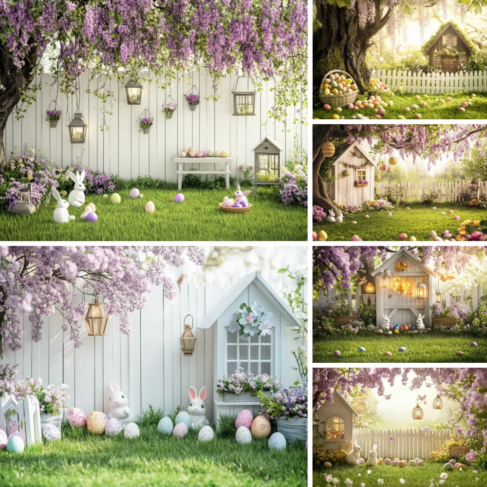 Easter Day Backdrop Spring Garden Easter Rabbit Colorful Eggs Cottage Photography Background Baby Birthday Party Decor Banner
