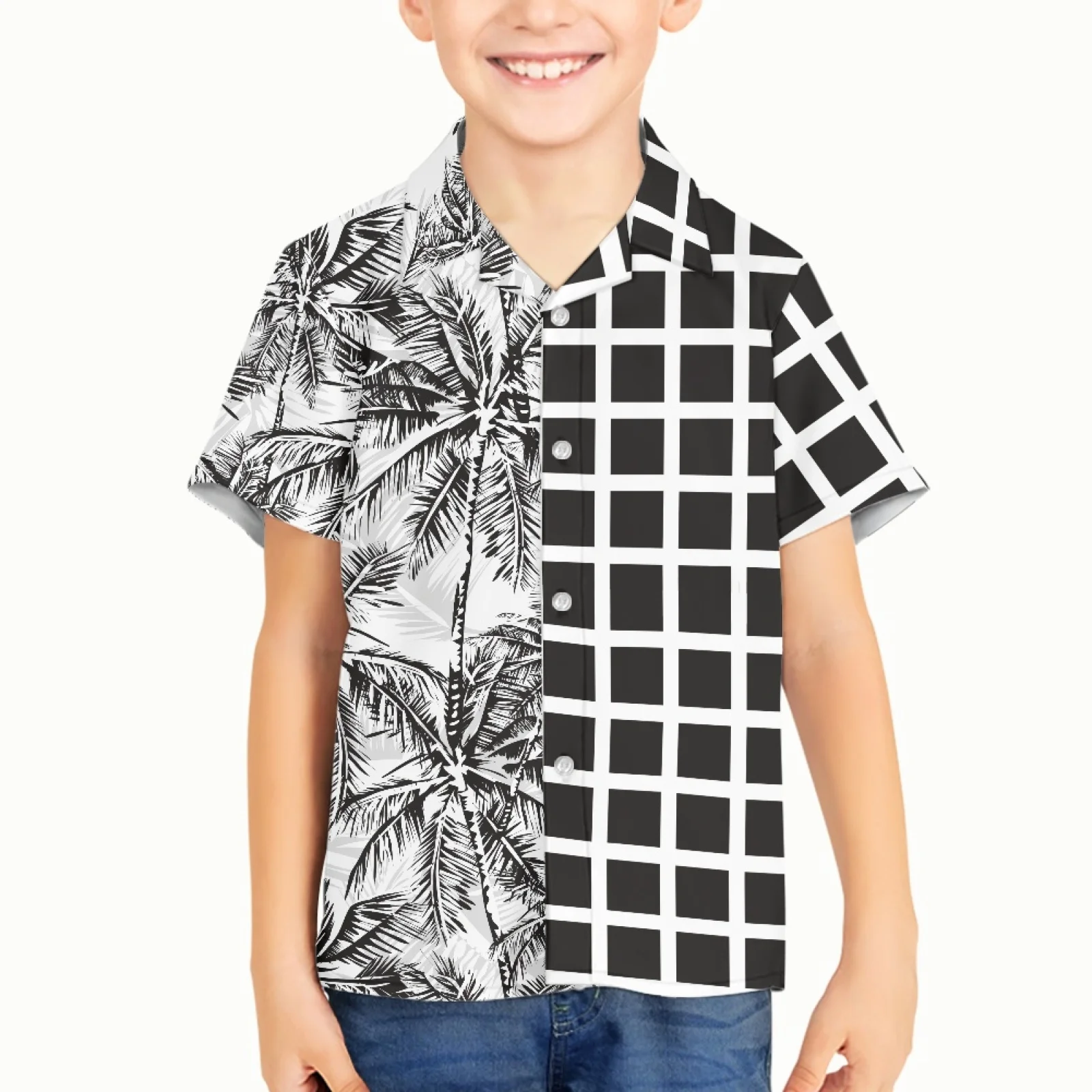 

Hawaii Summer Polynesia Samoa New Design 5-12 Boys Tattoo Hibiscus Print V-Neck Boys Shirt Polyester Short-Sleeved Leisure Shirt