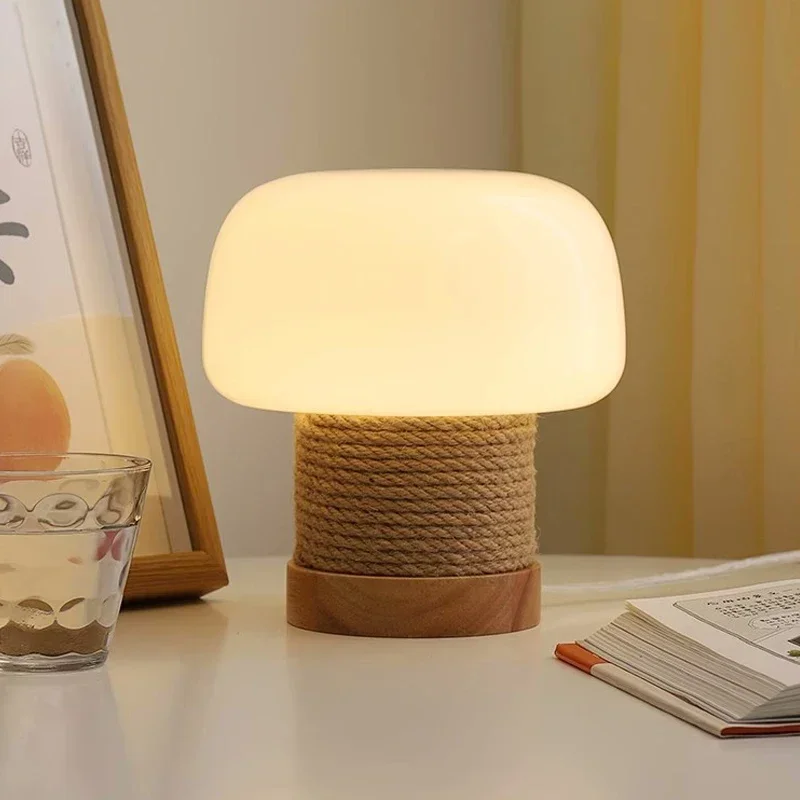 Twine Solid Wood Mushroom Lamp Log Wind Sand Table Lamp Bedroom Beside Bed Decoration Atmosphere Light E27 Desk Lighting Fixture