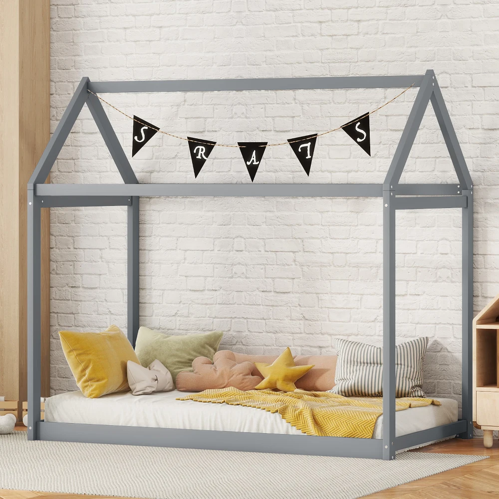 

Twin Size Wooden House Bed, Gray