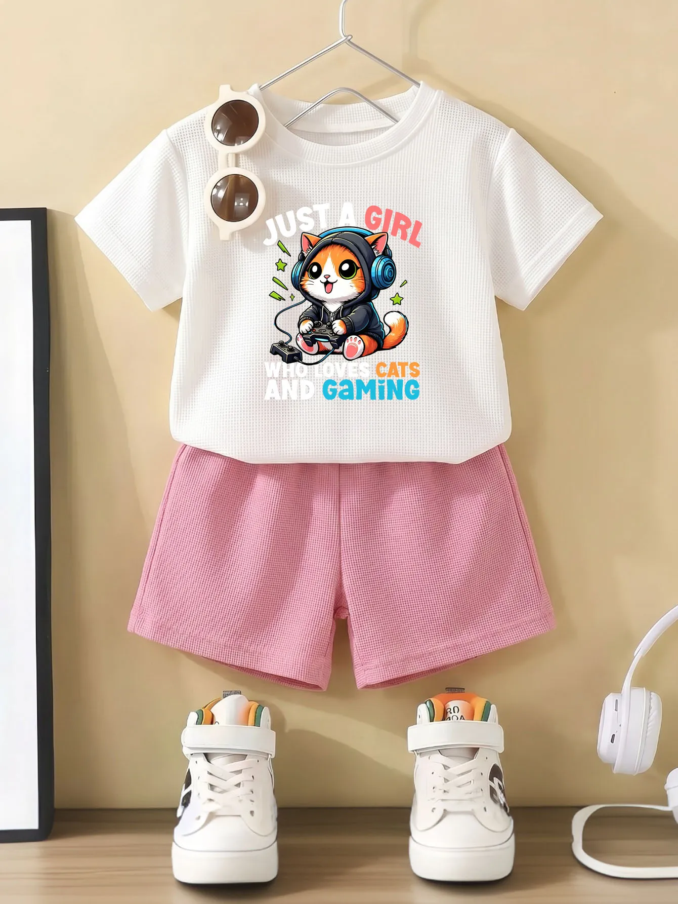 Cute Cat Printed Girls Short Sleeve T Shirt Set Summer Breathable Comfy Elastic Waist Shorts Set for Kids 3-12y Fashion Outfits