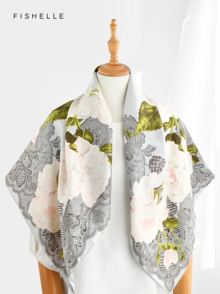 New Elegant Camellia Blossom Printed Natural Silk Square Scarf Women Spring Autumn Real Silk Scarves Female Shawl Luxury Gifts