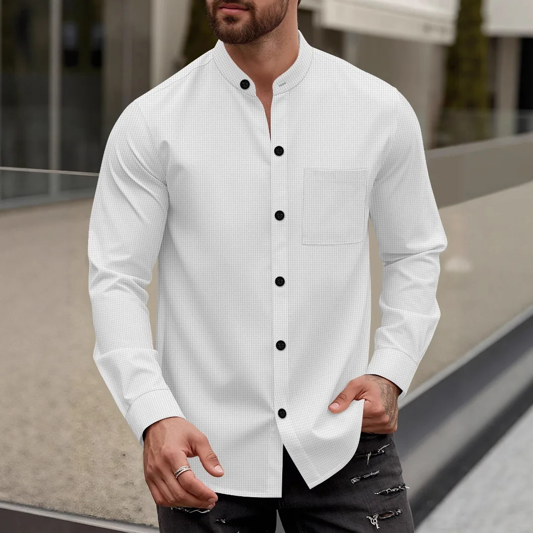 

Men's New Waffle Knit Solid Color Button Down Stand Collar Long Sleeve Shirt Casual Soft Comfortable Lightweight Daily Wear Tops