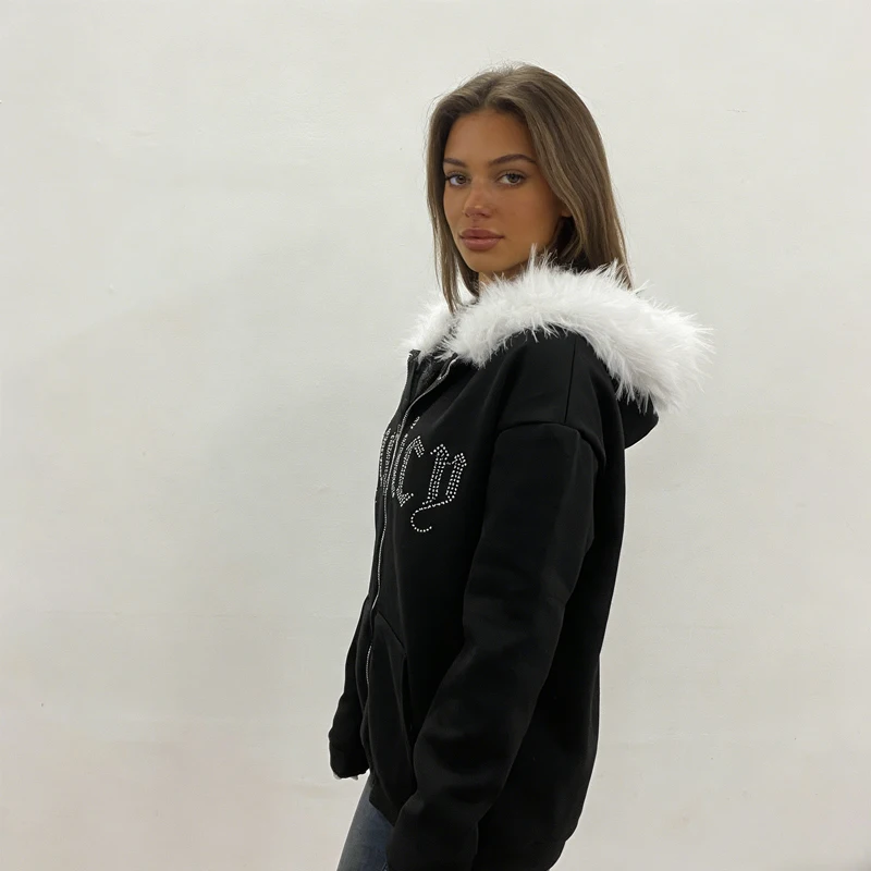 Subculture Y2K new fur collar cardigan sweatshirt zipper jacket European and American letter hot stamping retro sweatshirt jacke - view 5