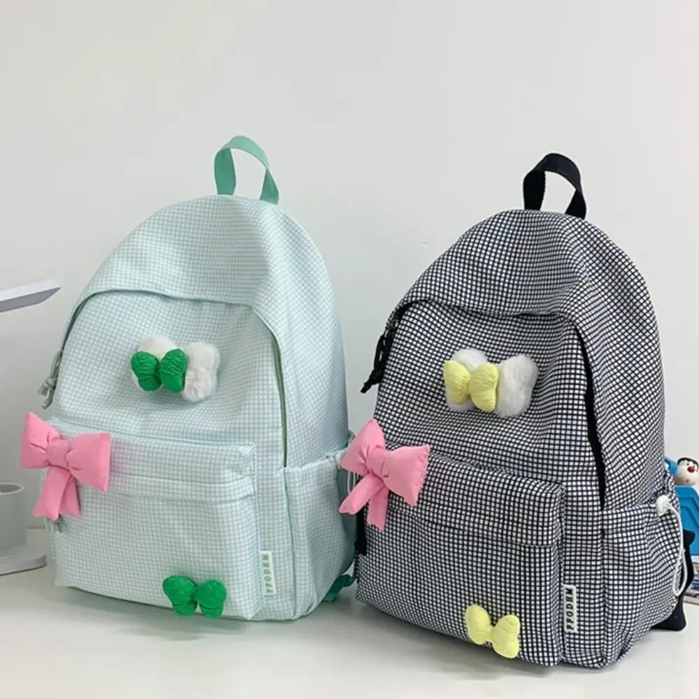 Portable Kawaii Backpack Bowknot Cartoon School Bag Large Capacity Grid Pattern Handbag