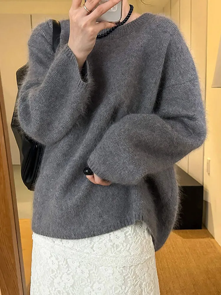 Sweter damski dzianinowy, luźny, długi, okrągły dekolt, casualowy, wygodny, jednolity kolor, europejski styl.