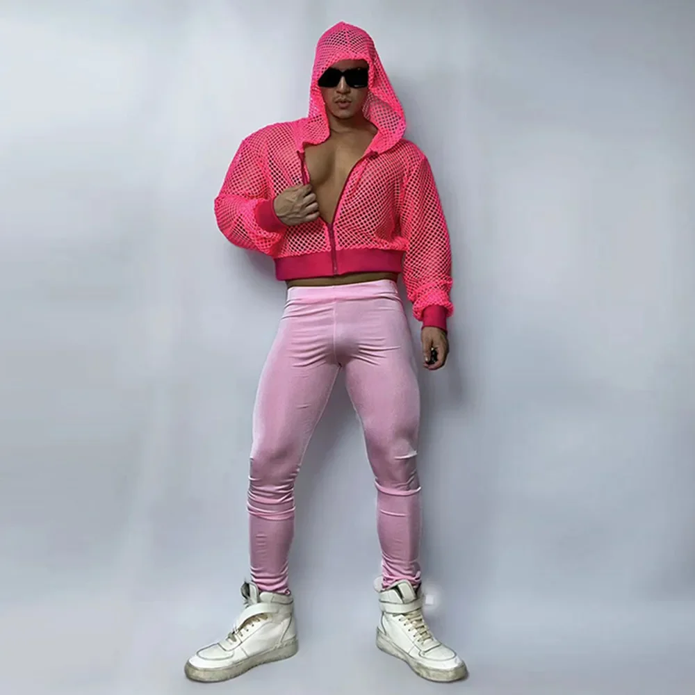 Sexy Pink Mesh Hooded Jacket Skinny Pants Stage Show Rave Outfit Performance Clothes DJ Nightclub Male Gogo Dance Costume