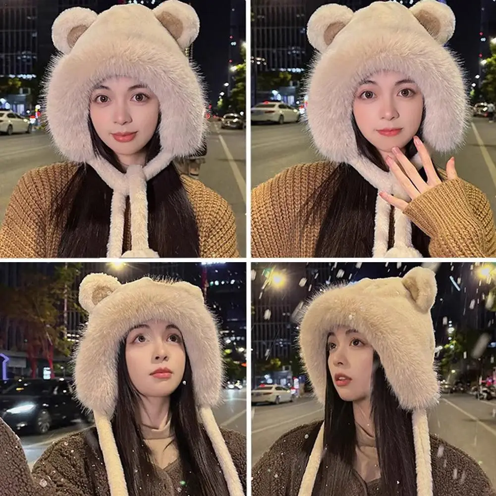 1PC Cute Bear Ears Hat 2024 New Women Winter Hat Lacing Cute Bucket Cap Velvet Ear Protection Fashion Woolen One size Bucket Hat