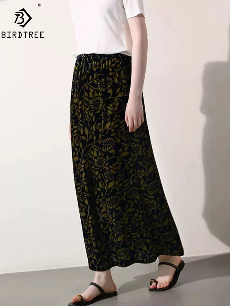 

BirdTree, 20% Natural Silk Velvet Skirts For Women, Elastic Waist Floral, Elegant OL Fashion Long Skirt, Spring Summer B456104QM