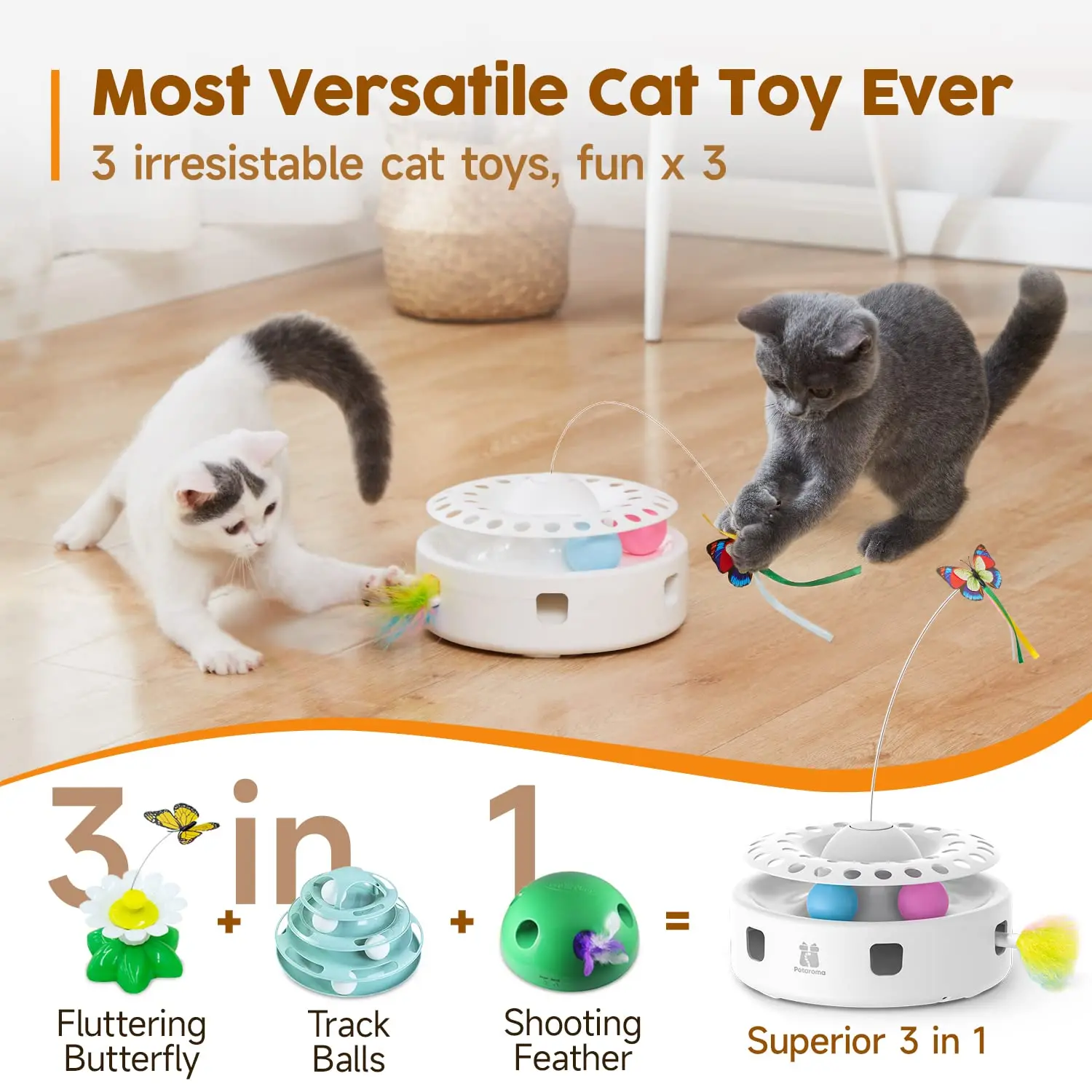 3in1 Automatic Interactive Kitten Toy, Fluttering Butterfly, Moving Ambush Feather, Track Balls,Dual Power Supplies, USB Powered