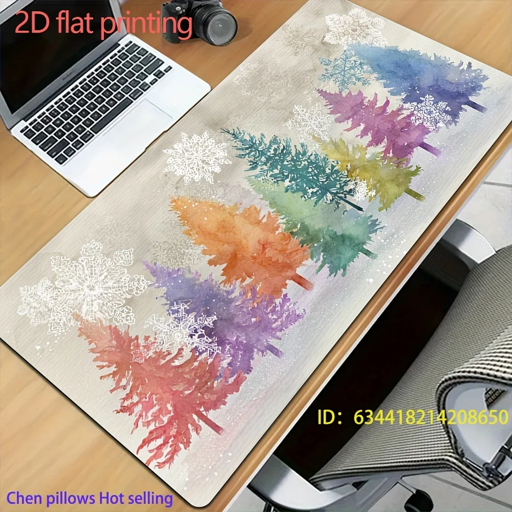 Rainbow Watercolor Christmas Trees & Snowflakes Large Desk Mat, 90x40cm Extended Mouse Pad, Non-Slip for Home Office