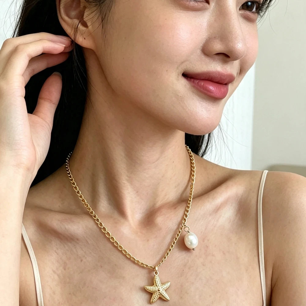 Titanium steel jewelry, resort style, shell necklace, marine accessory, pendant necklace, girls' high-end jewelry