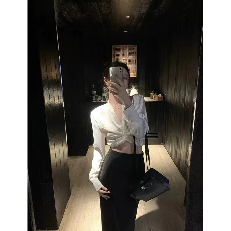 ZHISILAO Elegant Silk Short Blouse Women Vintage Solid Satin Back Cross Long Sleeve Shirts Autumn 2024 Tops