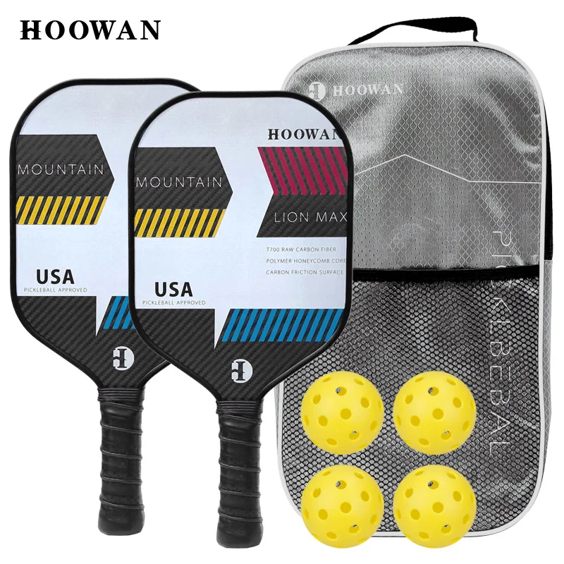 HOOWAN MLM Pickleball Paddle Set of 2 Pcs Carbon Fiber 3K Rackets, 4 Pcs Pickleball Balls Outdoor & 1 Durable Case