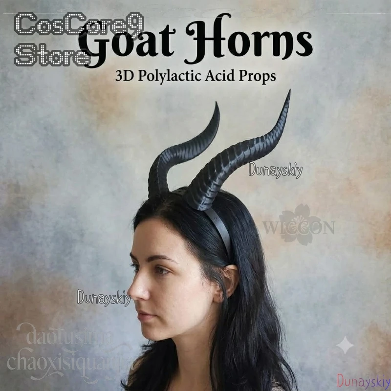 Diadema de cuernos de cabra de piel sintética para cosplay, accesorio 3D de ácido poliláctico para la cabeza, ideal para Halloween, Navidad y fiestas.