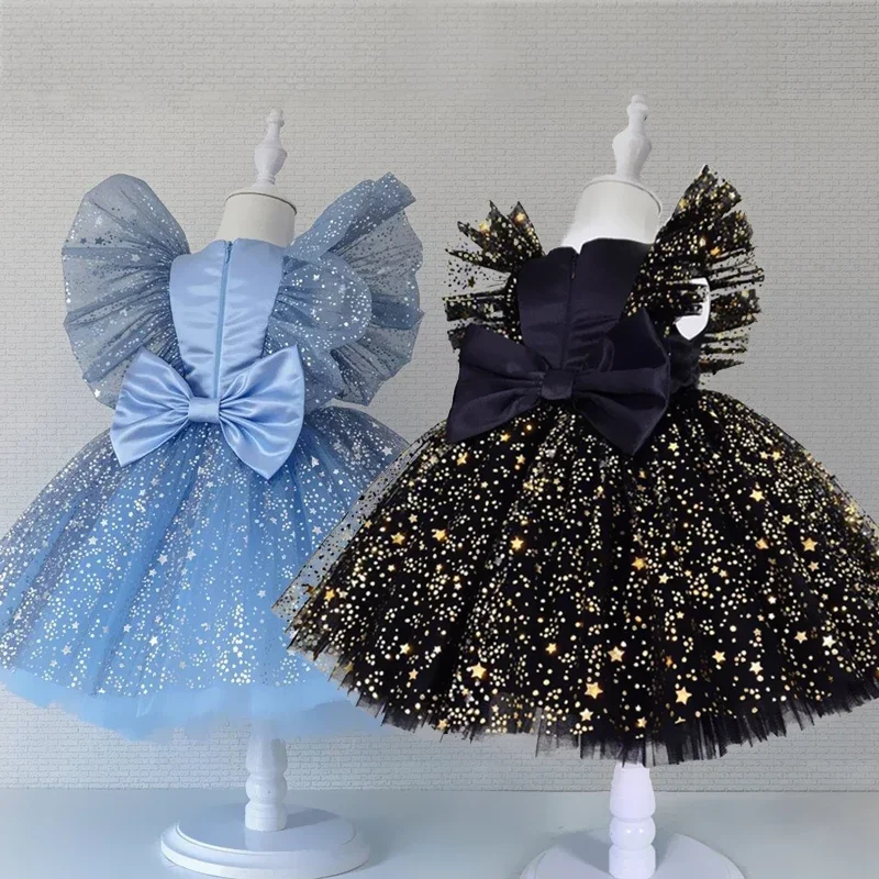 Cute Baby Girls Clothing Flower Ruffles Sequins Star Dress for Girls Brithday Party Tutu Gown Elegant Children Ceremony Costumes