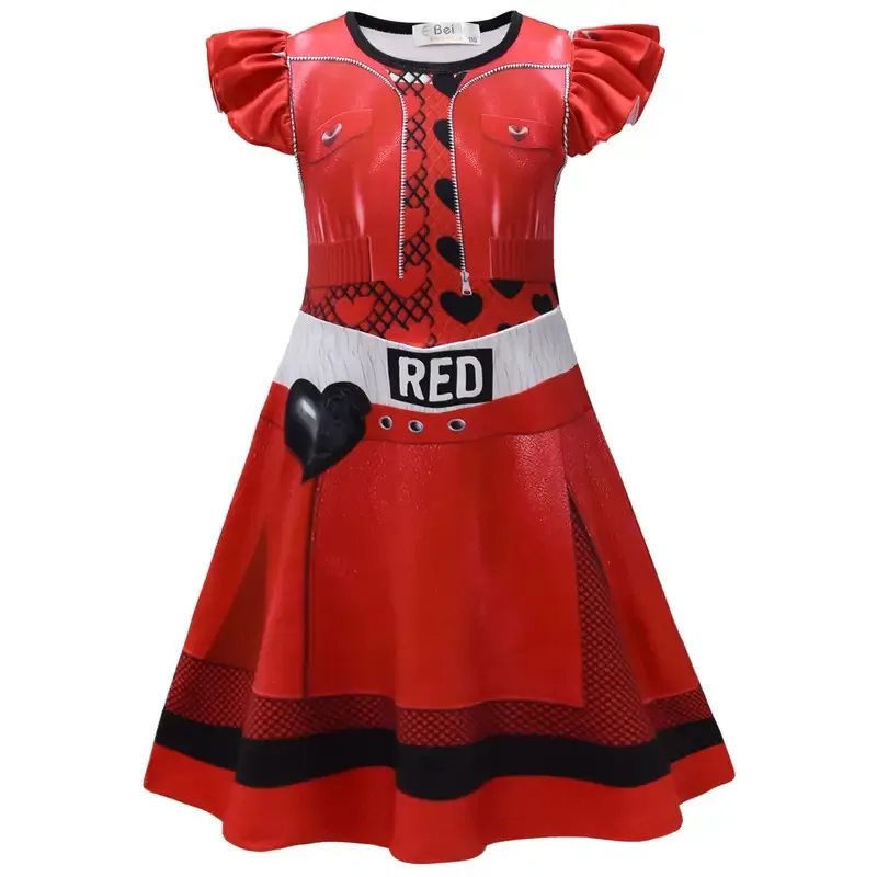 111 www The Kids Movie Descendantsing Cosplay ملابس عطلة الهالوين باللون الأحمر والأحمر فستان حفلة عيد ميلاد للفتيات الصغيرات