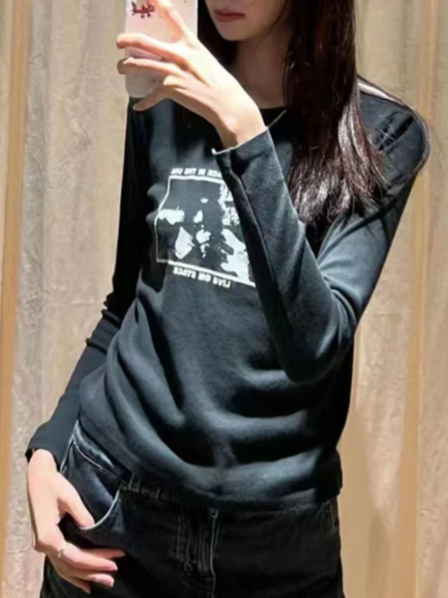

Fashion Classic Letter Print Long Sleeve Tees Women Streetwear Casual Simple Cotton O-neck Tops Female Vintage Chic Y2K T-shirts