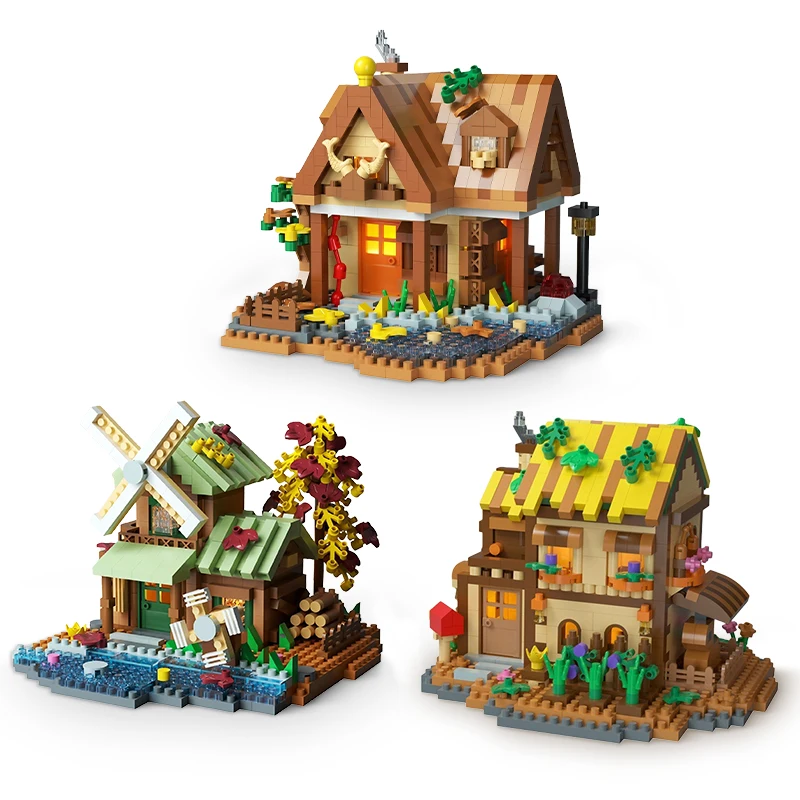 Diy Street View modelo de construcción ensamblar bloques de construcción bosque árbol casa rompecabezas molino de viento árbol casa decoración juguetes Decoración de mesa